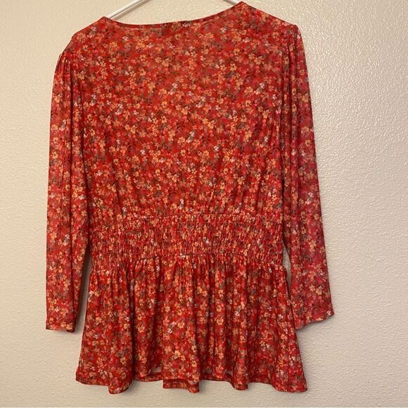 Lane Bryant micro Floral Print v Neck Peasant Prairie boho mesh Blouse red 14/16 - Picture 2 of 11